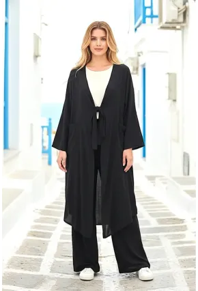 Siyah Bağlamalı Kimono Keten Takım