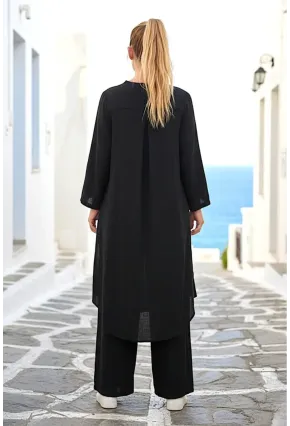 Siyah Bağlamalı Kimono Keten Takım