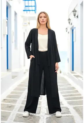 Siyah Bağlamalı Kimono Keten Takım