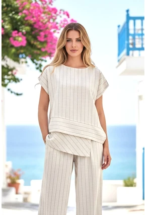 Siyah Çizgili Keten Alt Üst Takım