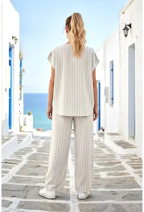 Siyah Çizgili Keten Alt Üst Takım