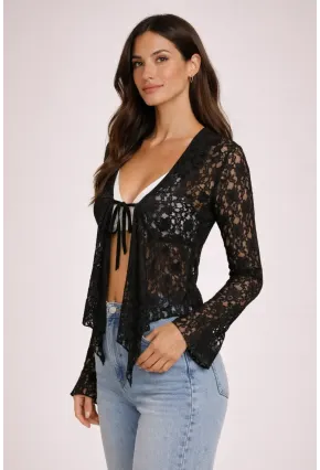 Siyah Dantel Bağlama Detaylı Transparan Bluz – Uzun Kollu Şık Kadın Bluz