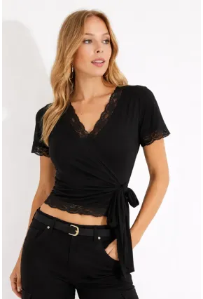 Siyah Dantel Detaylı Kruvaze Bağlamalı Bluz