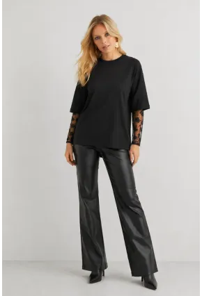 Siyah Dantel Kol Detaylı Oversize Kadın T-Shirt