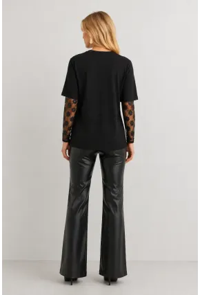 Siyah Dantel Kol Detaylı Oversize Kadın T-Shirt
