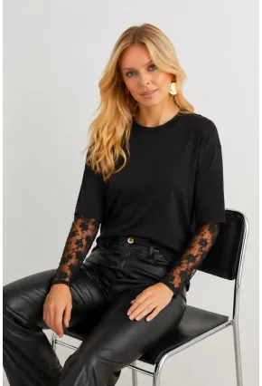 Siyah Dantel Kol Detaylı Oversize Kadın T-Shirt