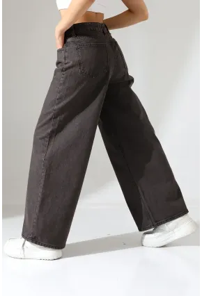 Siyah Geniş Paça Jean Pantolon