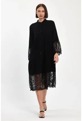 Siyah Hakim Yaka Düğmeli Tül Detaylı Viskon Elbise