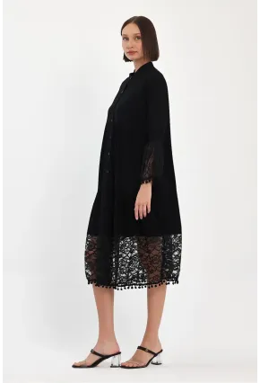 Siyah Hakim Yaka Düğmeli Tül Detaylı Viskon Elbise