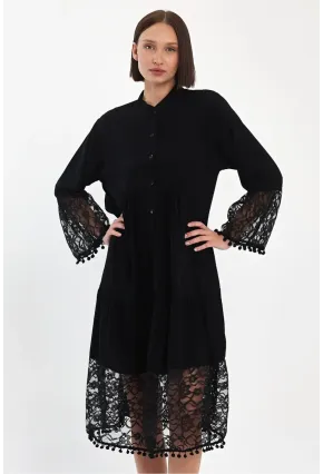 Siyah Hakim Yaka Düğmeli Tül Detaylı Viskon Elbise