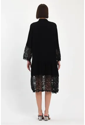 Siyah Hakim Yaka Düğmeli Tül Detaylı Viskon Elbise