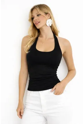 Siyah Halter Yaka Crop Bluz – Esnek Fit, Sırt Dekolteli Şık Tasarım