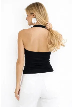 Siyah Halter Yaka Crop Bluz – Esnek Fit, Sırt Dekolteli Şık Tasarım