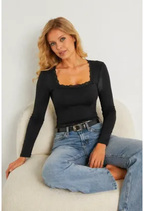 Siyah Kare Yaka Dantel Detaylı Uzun Kollu Kaşkorse Bluz