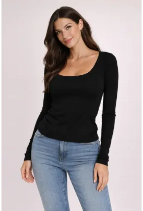 Siyah Kare Yaka Uzun Kollu Basic Bluz – Esnek Kumaş Günlük Şık Kadın Bluz