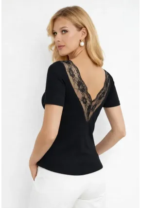 Siyah Kaşkorse V Yaka Dantel Detaylı Kısa Kollu Bluz