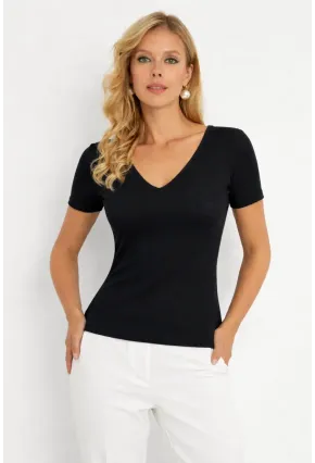 Siyah Kaşkorse V Yaka Dantel Detaylı Kısa Kollu Bluz