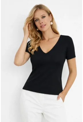 Siyah Kaşkorse V Yaka Dantel Detaylı Kısa Kollu Bluz
