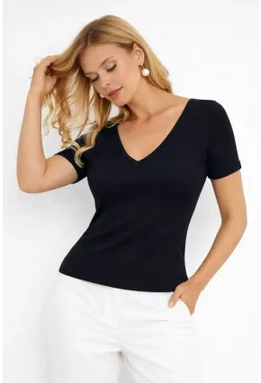 Siyah Kaşkorse V Yaka Dantel Detaylı Kısa Kollu Bluz