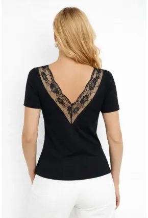 Siyah Kaşkorse V Yaka Dantel Detaylı Kısa Kollu Bluz