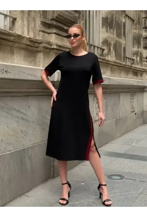 Siyah Kırmızı Şeritli Yırtmaç Detaylı Modal Elbise