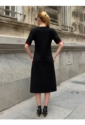 Siyah Kırmızı Şeritli Yırtmaç Detaylı Modal Elbise