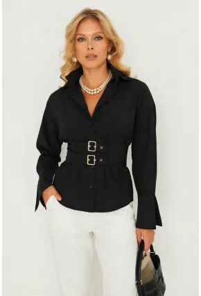 Siyah Korseli Detaylı Şık Gömlek – Bel Vurgulu Modern Kesim