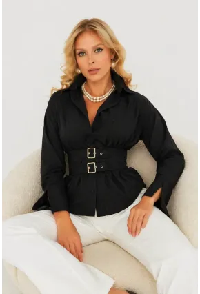 Siyah Korseli Detaylı Şık Gömlek – Bel Vurgulu Modern Kesim