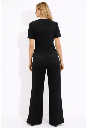 Siyah Modal Kumaş Kısa Kollu Pile Detaylı Eşofman Takımı