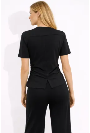 Siyah Modal Kumaş Kısa Kollu Pile Detaylı Eşofman Takımı