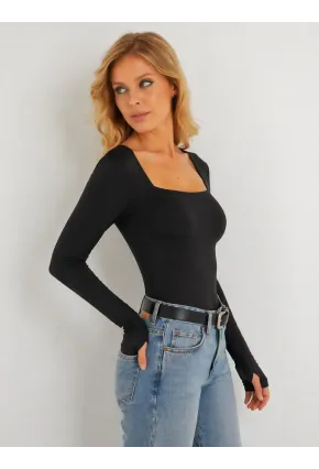 Siyah Sandy Kumaş Kare Yaka Parmak Detaylı Bluz