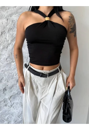 Siyah Sandy Kumaş Yaka Detay Bluz