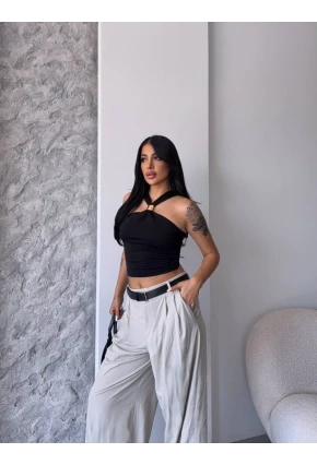 Siyah Sandy Kumaş Yaka Detay Bluz