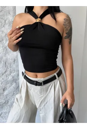 Siyah Sandy Kumaş Yaka Detay Bluz