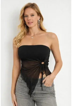 Siyah Straplez Tül Detaylı Büzgülü Crop Bluz