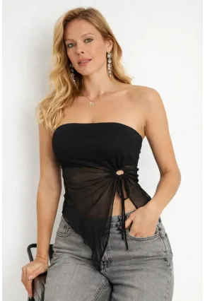 Siyah Straplez Tül Detaylı Büzgülü Crop Bluz