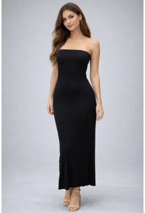 Siyah Straplez Yırtmaç Detaylı Uzun Elbise