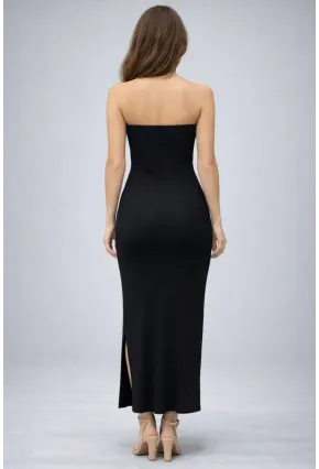 Siyah Straplez Yırtmaç Detaylı Uzun Elbise