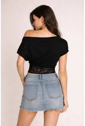 Siyah Tek Omuz Drapeli Dantel Detaylı Kadın Bluz