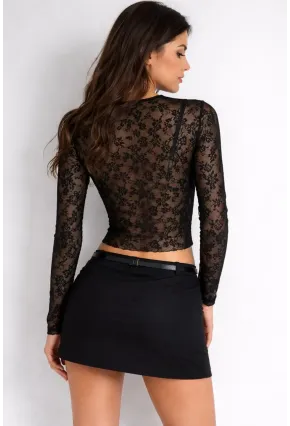 Siyah Transparan Çiçek Desenli Sıfır Yaka Uzun Kollu Bluz