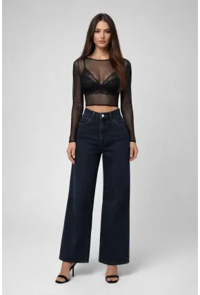 Siyah Transparan Tül Crop Bluz – Şık & Feminen Tasarım