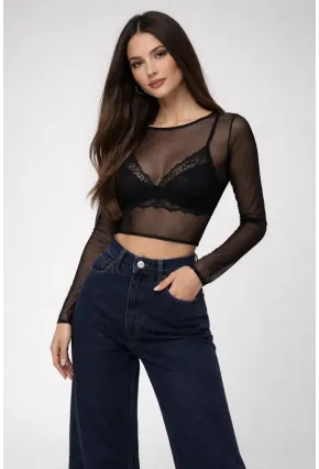 Siyah Transparan Tül Crop Bluz – Şık & Feminen Tasarım