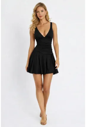 Siyah V Yaka Drapeli Çift Kat Dalgıç Kumaş Mini Elbise