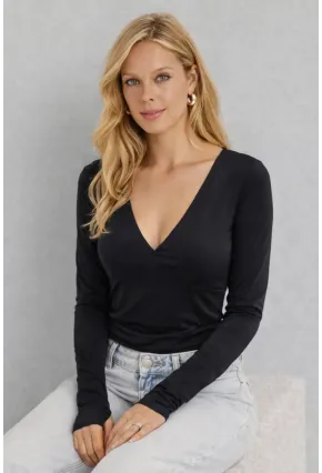 Siyah V Yaka Uzun Kollu Parmak Geçmeli Basic Bluz