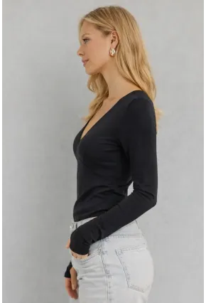 Siyah V Yaka Uzun Kollu Parmak Geçmeli Basic Bluz