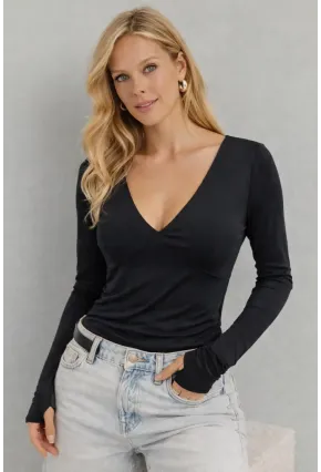 Siyah V Yaka Uzun Kollu Parmak Geçmeli Basic Bluz