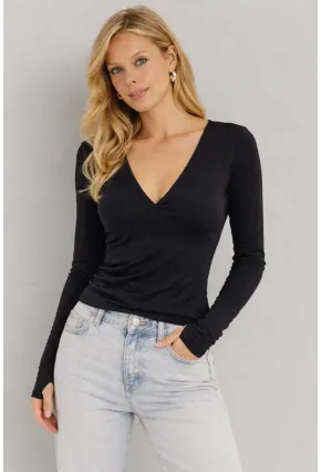 Siyah V Yaka Uzun Kollu Parmak Geçmeli Basic Bluz