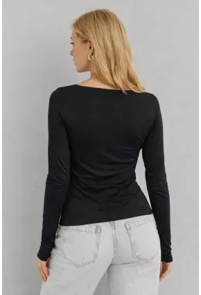 Siyah V Yaka Uzun Kollu Parmak Geçmeli Basic Bluz