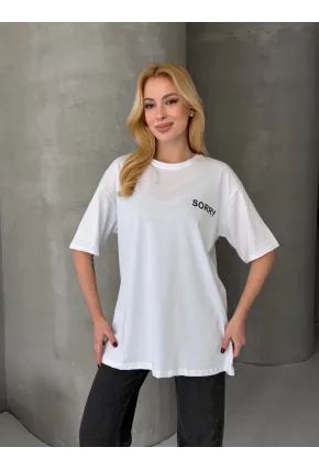 Sorry Yazılı Sırt Baskılı Oversize Kadın Tişört Beyaz
