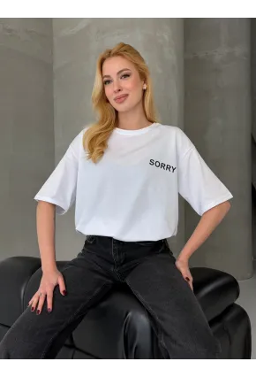 Sorry Yazılı Sırt Baskılı Oversize Kadın Tişört Beyaz